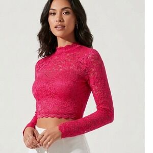 BeBe Hot Pink Floral Lace Mock Neck Long Sleeve Crop Top Keyhole Back Siz XS
